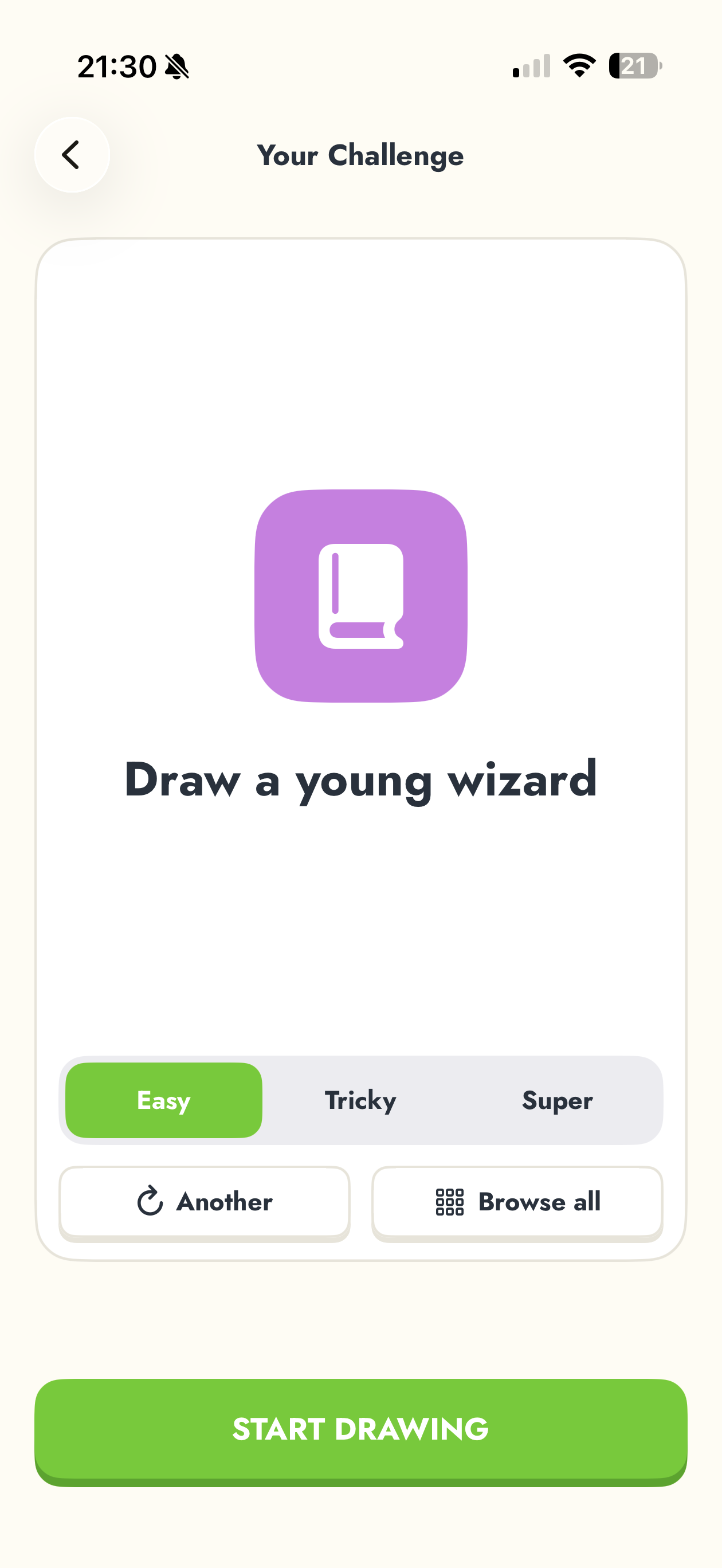 A Tuki challenge inviting the child to draw a young wizard
