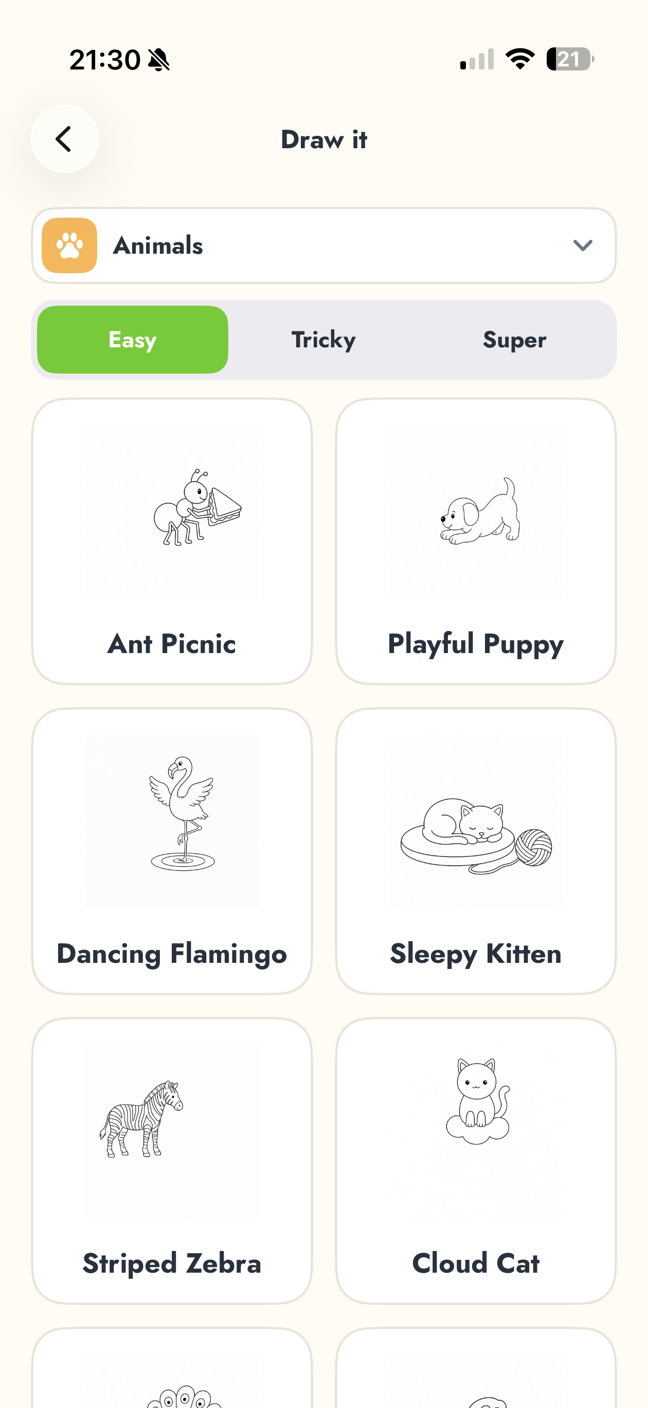 The Draw it screen showing animal pictures across Easy, Tricky and Super difficulty levels