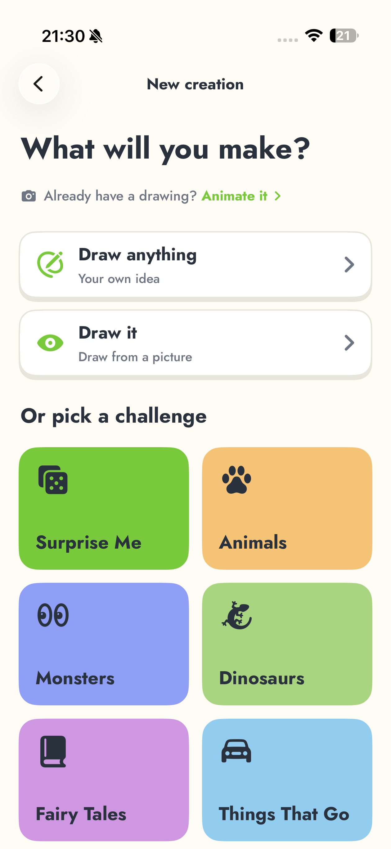 Tuki's New creation screen with Draw anything, Draw it and challenge categories